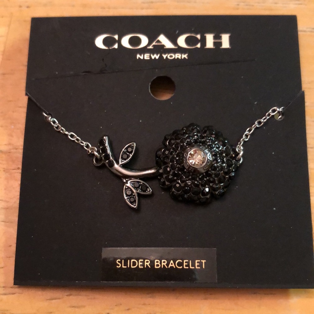 Coach Silver Tone Sparkling Black Daisy Slider Bracelet Crystal Accents NWT - Picture 6 of 11